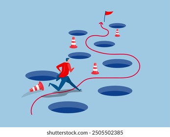 Avoid pitfall Planning and obstacle avoidance concept, business failure, skill and creativity to solve problem  with many pitfalls to achieve business success vector