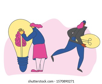 Avoid plagiarism concept, infringement of copyright. Young woman trying to protect her idea and bulgar stealing it metaphor. Thief in mask running away with a bulb in her hands. Vector illustration.