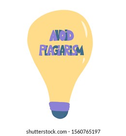 Avoid plagiarism sig. Hand drawn text iwith bulb isolated on white background. Intellectual property lettering. Vector illustration.