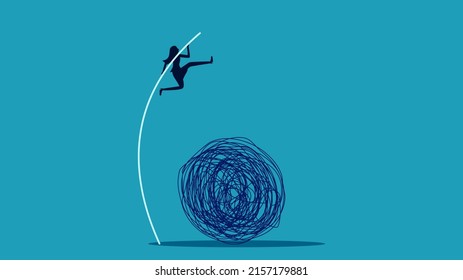 Avoid problems. Silhouette of a woman jumping from the chaos. vector