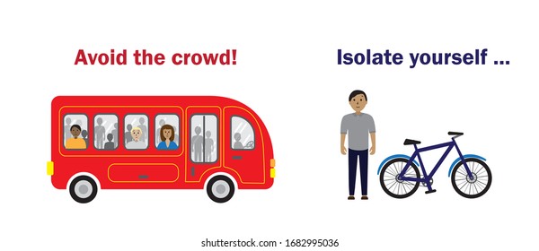 Avoid Public Transport Concept. Crowded Passenger Bus. Man Uses Personal Transport. City Bus, Metro, Subway. Flat Vector Illustration Isolated On White Background.