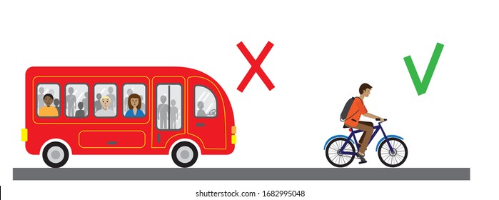Avoid Public Transport Concept. Crowded Passenger Bus. Man Uses Personal Transport. City Bus, Metro, Subway. Flat Vector Illustration Isolated On White Background.