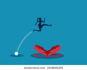 Avoid risks. Businesswoman jumps over a bear trap. vector 
