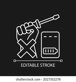 Avoid self-repair white linear manual label icon for dark theme. Thin line customizable illustration. Isolated vector contour symbol for night mode for product use instructions. Editable stroke