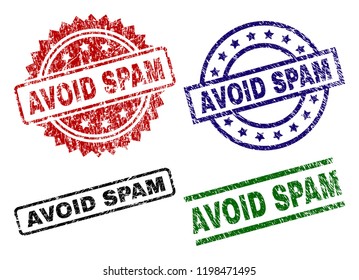 AVOID SPAM seal prints with distress style. Black, green,red,blue vector rubber prints of AVOID SPAM tag with retro style. Rubber seals with round, rectangle, medal shapes.