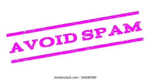 Avoid Spam watermark stamp. Text caption between parallel lines with grunge design style. Rubber seal stamp with unclean texture. Vector magenta color ink imprint on a white background.