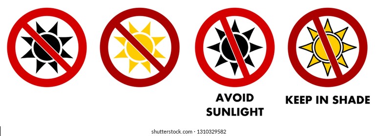 Avoid Sunlight  / Keep In Shade Sign. Sun Icon With Red Crossed Circle.