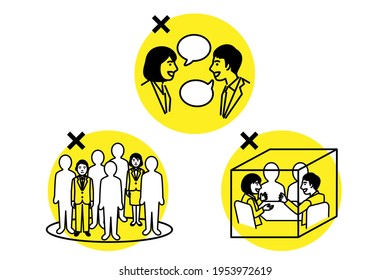 Avoid the Three Cs. Crowded place, Close-contact setting, Confined and enclosed space. Vector illustration.