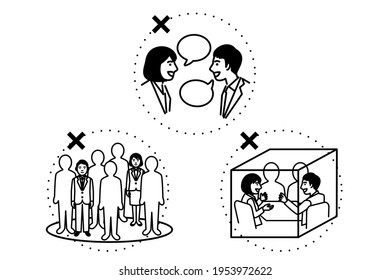 Avoid The Three Cs. Crowded Place, Close-contact Setting, Confined And Enclosed Space. Vector Illustration.