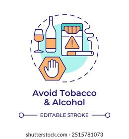 Avoid tobacco and alcohol multi color concept icon. Cancer prevention. Healthy lifestyle. Cancer risk factors. Round shape line illustration. Abstract idea. Graphic design. Easy to use in article