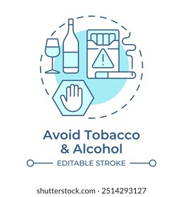 Evite el tabaco y el alcohol icono de concepto azul suave. Prevención del cáncer. Estilo de vida saludable. Factores de riesgo de cáncer. Ilustración de línea de forma redonda. Abstractas idea. Diseño gráfico. Fácil de usar en el artículo