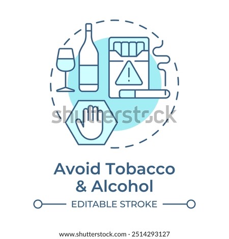 Avoid tobacco and alcohol soft blue concept icon. Cancer prevention. Healthy lifestyle. Cancer risk factors. Round shape line illustration. Abstract idea. Graphic design. Easy to use in article