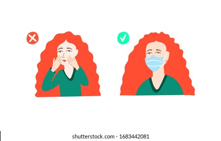 avoid touching face and medical mask coronavirus quarantine motivational poster girl with a red hair, covid-19 flat style vector illustration