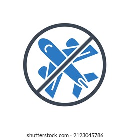 Avoid Travel related vector glyph icon. Airplane in prohibition sign. Isolated on white background. Editable vector illustration