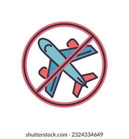 Icono de vectores relacionados con viajes. Avión en señal de prohibición. Aislado sobre fondo blanco. Ilustración vectorial editable