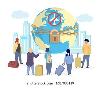 Avoid travel to stop global coronavirus pandemic, vector flat illustration. World facing pandemic from novel covid-19 corona virus. Tourists standing around the world globe with closed country borders