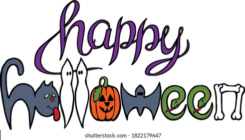 Avoid the tricks with this happy Halloween cut file. This clip art piece features the word Halloween composed of various Halloween creatures.