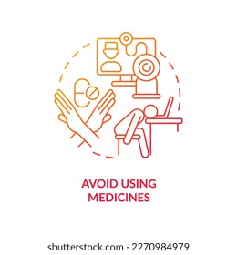 Avoid using medicines red gradient concept icon. Stop self-medication. Health care tip. Employee burnout abstract idea thin line illustration. Isolated outline drawing. Myriad Pro-Bold font used