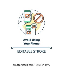 Avoid using your phone concept icon. Limit gadgets for better sleeping abstract idea thin line illustration. Isolated outline drawing. Editable stroke. Roboto-Medium, Myriad Pro-Bold fonts used