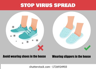 Avoid wearing shoes in the house and using slippers for good health. Stop Coronavirus (COVID-19) Spread Concept. Flat Vector Illustration.