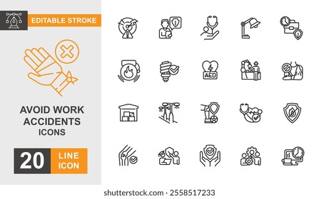 Avoid work accident line editable icon set. Workplace, risk management, safety, hazard, protective and more line icons.