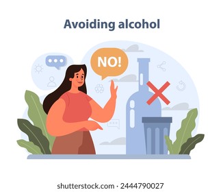 Avoiding Alcohol visual. A person confidently rejects alcohol, symbolizing the choice for a sober and healthy lifestyle. Emphasis on sobriety. Vector illustration.