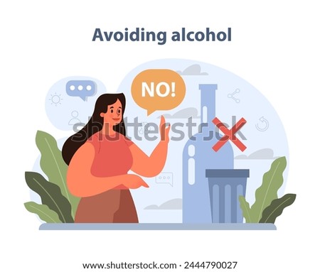 Avoiding Alcohol visual. A person confidently rejects alcohol, symbolizing the choice for a sober and healthy lifestyle. Emphasis on sobriety. Vector illustration.