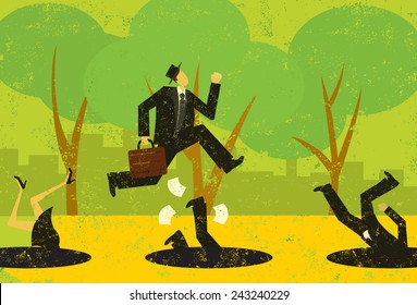 Avoiding Business Pitfalls A businessman jumping over pitfalls while others fall into them. The people and the background are on separately labeled layers.