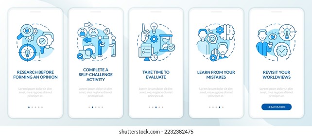 Avoiding confirmation bias tips blue onboarding mobile app screen. Walkthrough 5 steps editable graphic instructions with linear concepts. UI, UX, GUI template. Myriad Pro-Bold, Regular fonts used