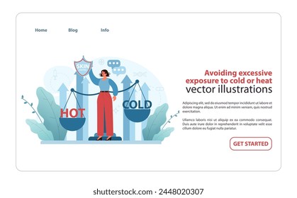 Evitar la exposición excesiva al frío o al calor. La ilustración hace hincapié en una cuidadosa gestión del clima para la protección de la piel. Ilustración vectorial.