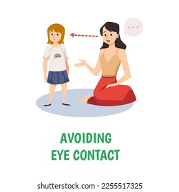 Avoiding eye contact as symptom of autism behavior in children, flat vector illustration isolated on white background. Medical symptom or sign of autism disorder.