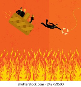 Avoiding going to hell in a hand basket Business people Ã?Â¢??going to hell in a hand basket with one man jumping for a life preserver. 