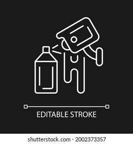 Avoiding graffiti damage with security camera white linear icon for dark theme. Property safety. Thin line customizable illustration. Isolated vector contour symbol for night mode. Editable stroke