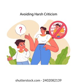 Avoiding harsh criticism concept. Young boy perplexed by situation, while caring mother guides him, emphasizing the importance of constructive feedback over aggression. Flat vector illustration
