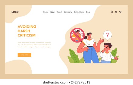Avoiding harsh criticism web or landing. Young boy perplexed by situation, while caring mother guides him, emphasizing the importance of constructive feedback over aggression. Flat vector illustration