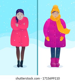 Avoiding hypothermia and frostbite concept with dressed differently women. Freezing young girl coldly dressed in red coat. Warmly dressed woman in winter coat, hat and scarf vector illustration.