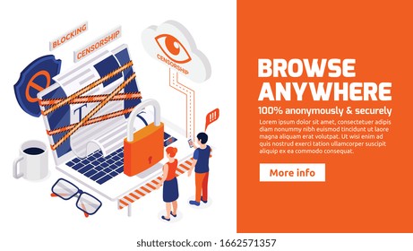 Evitar la censura en Internet banner web isométrico para una navegación segura anónima eludiendo sitios bloqueados y restricciones ilustración vectorial  