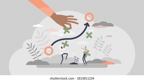 Avoiding Obstacles And Overcome Work Problems In Path Tiny Persons Concept. Business Strategy In Progress With Solutions And Boundaries Vector Illustration. Blocked Road As Metaphor For Difficulties.