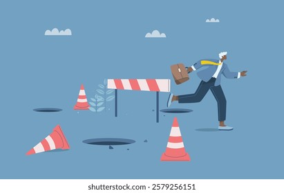 Avoiding obstacles, Traps along the business path, Businessman runs through holes and obstacles to achieve business success, Overcoming difficulties, Skills and abilities to achieve victory. 