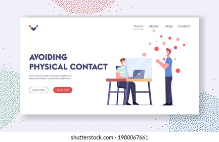 Avoiding Physical Contact Landing Page Template. Male Character in Mask Visiting Bank with Worker Sitting Behind of Glass. Contagious Contamination Prevention. Cartoon People Vector Illustration
