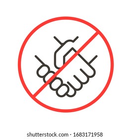 Avoiding physical contact. Vector thin line icon illustration with forbidden handshake symbols. Social distancing and safety tips for pandemics like covid-19 coronavirus outbreak
