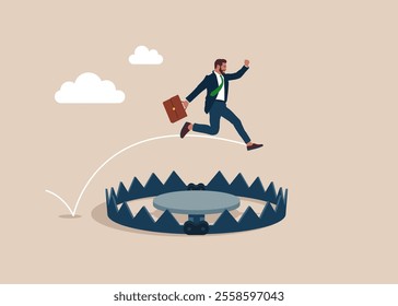 Avoiding a trap. Businessman jump pass pitfalls to achieve business success. Avoid pitfall steel bear trap. Flat vector illustration. 