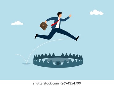 Evitando una trampa. Hombre de negocios saltar pasar trampas para lograr el éxito empresarial. Evite la trampa para osos de acero de caída. Ilustración vectorial plana.