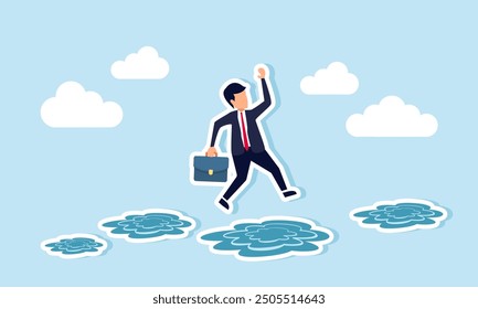 Avoiding work related issues that hinder productivity concept of A businessman jumping over puddles, staying productive, efficient, and effective in his work