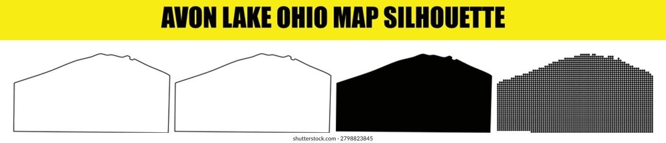 Avon lake ohio map outlines showing its distinct shape. Available as filled outline solid black and dotted graphics. Clean vector files for easy use.
