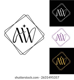 AW Elegant Monogram Logo Design in Diamond Frame with Star Accent – Black, White, Purple, and Gold Variations fully editable
