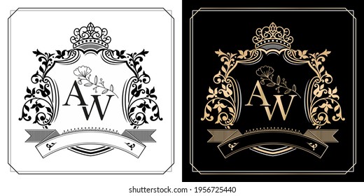 AW initial letter with royal crown of monarch, AW royal emblem with crown, initial letter and graphic name Frames Border of floral designs with two variation color for insignia and monogram logo.