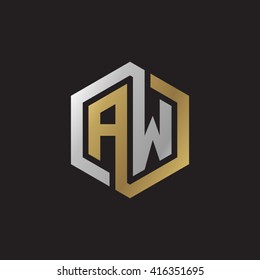 AW initial letters loop linked hexagon elegant logo golden silver black background