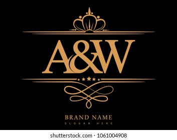 A&W Initial logo, Ampersand initial logo gold with crown and classic pattern