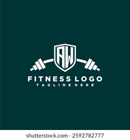AW initial monogram for fitnes or gym logo with creative shield and barbell design
